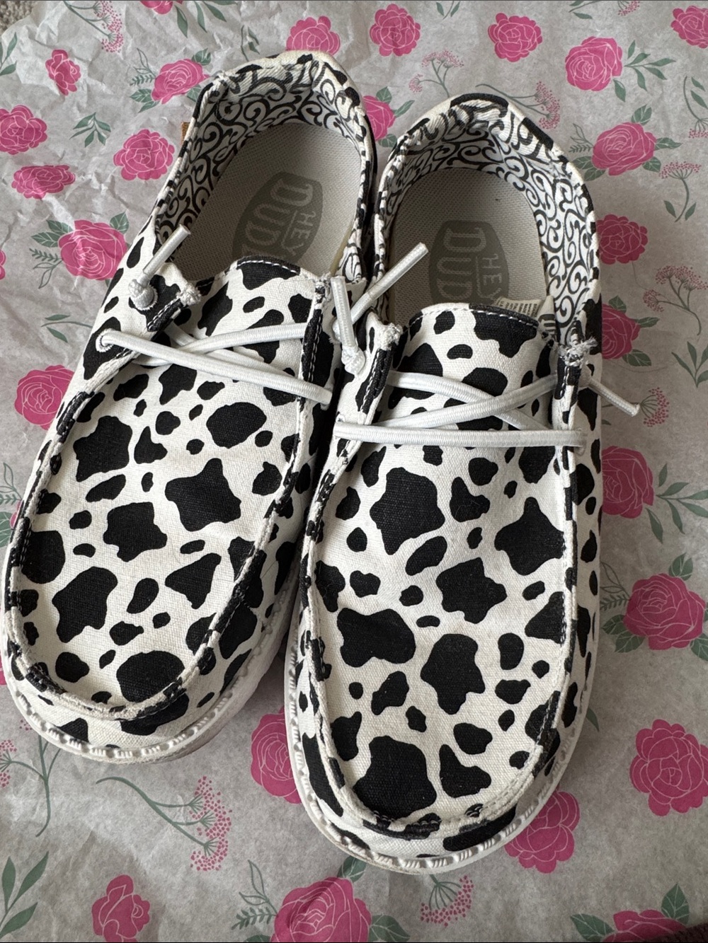 Hey Dude Women's Black & White Cow Print Slip-Ons